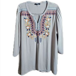 Andree by Unit Womens Plus 3x 3XL Embroidered Tunic Top 3/4 Sleeve Taupe Floral